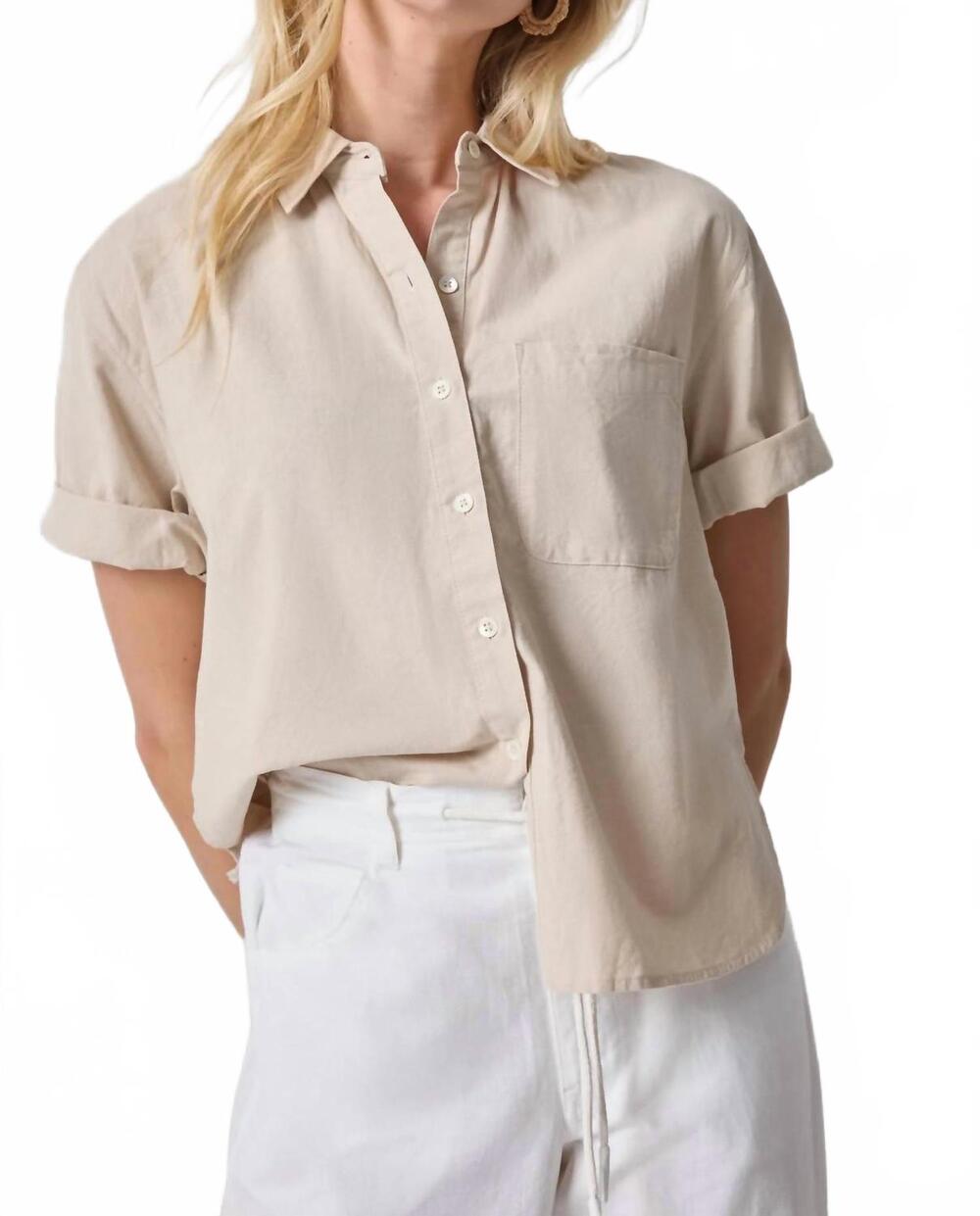 NEW LILLA P linen blend boyfriend button down shirt in bamboo